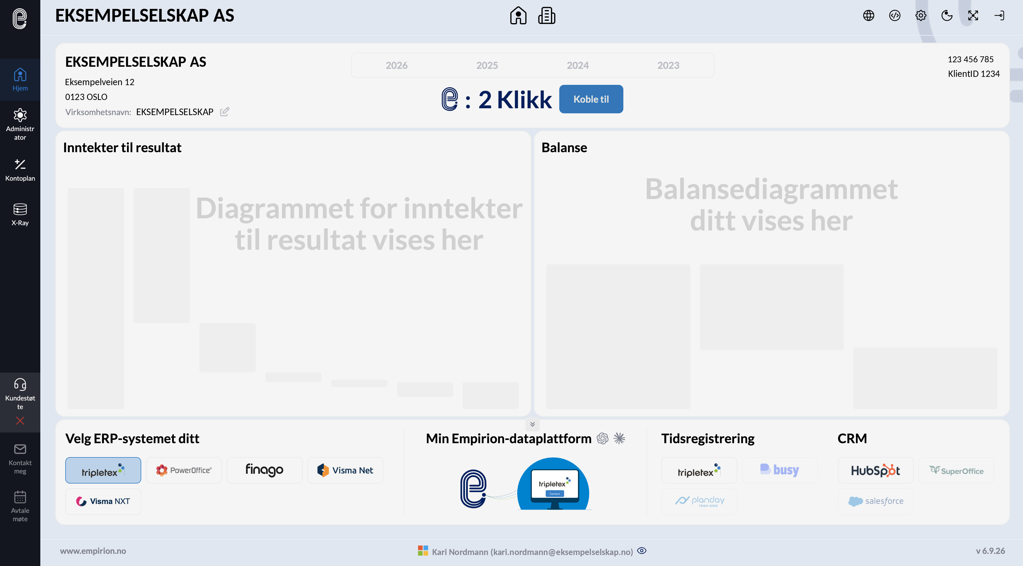 Startsiden i Empirion med de tilgjengelige ERP-systemene nederst og knappen Koble til øverst