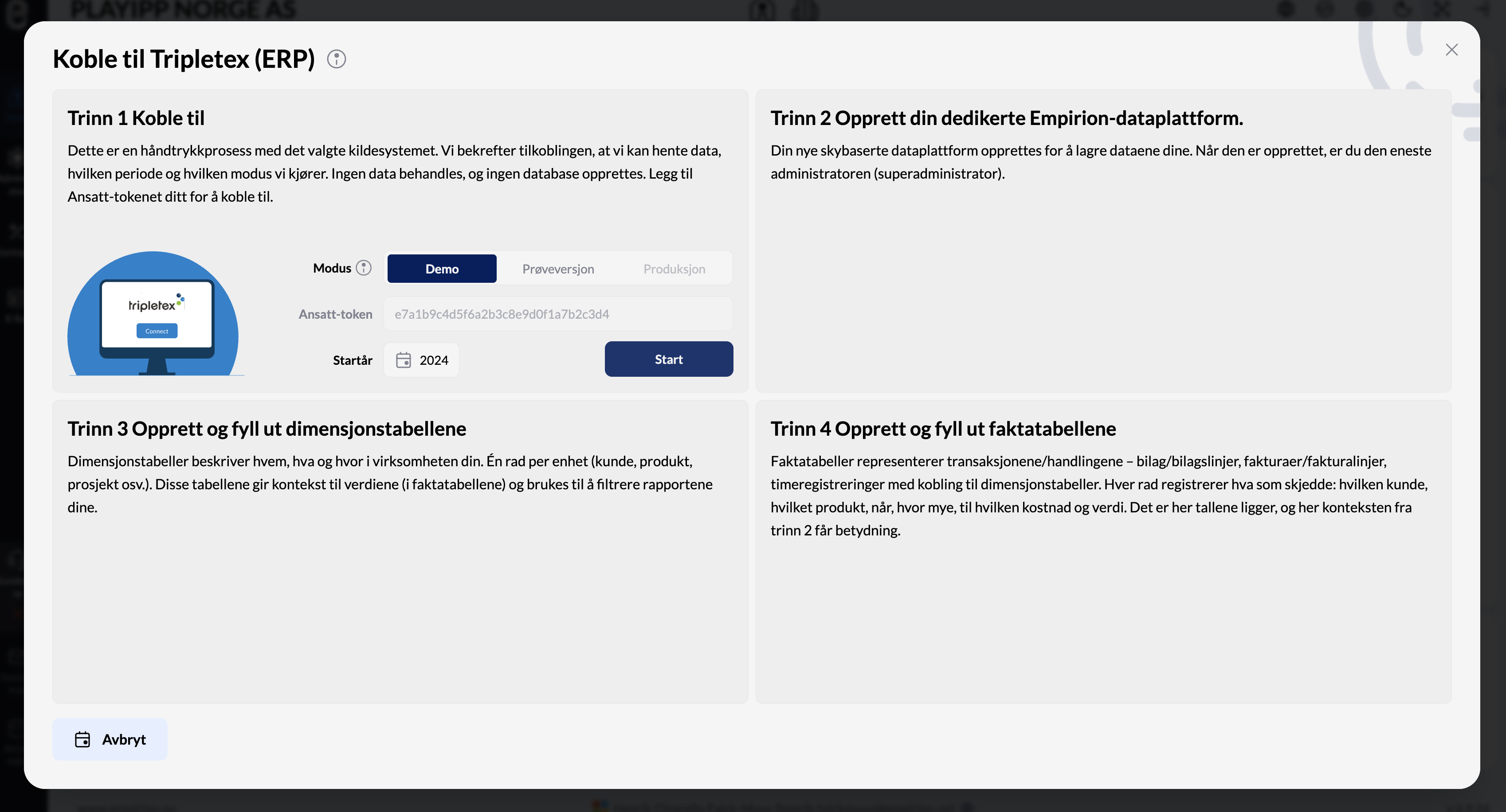 Vinduet Koble til Tripletex, med valg mellom Demo, Prøveversjon og Produksjon, og felt for ansatt-token og startår