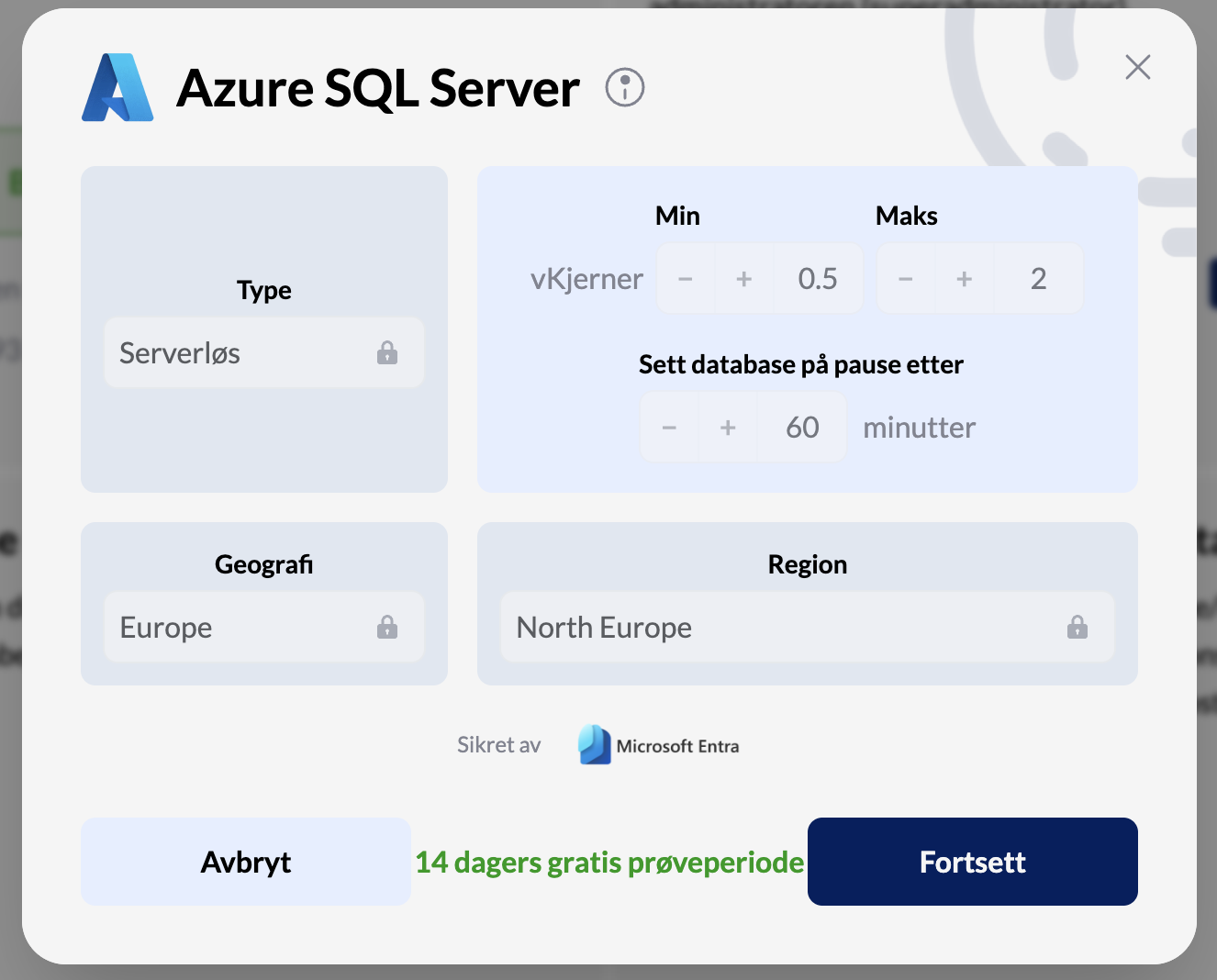 Vinduet Azure SQL Server med databasetype, kapasitet, pausetid og regionen North Europe