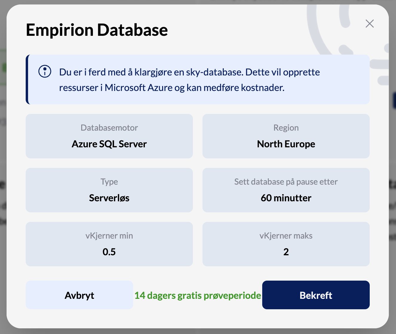 Oppsummeringen i vinduet Empirion Database, med databasemotor, region, type og kapasitet