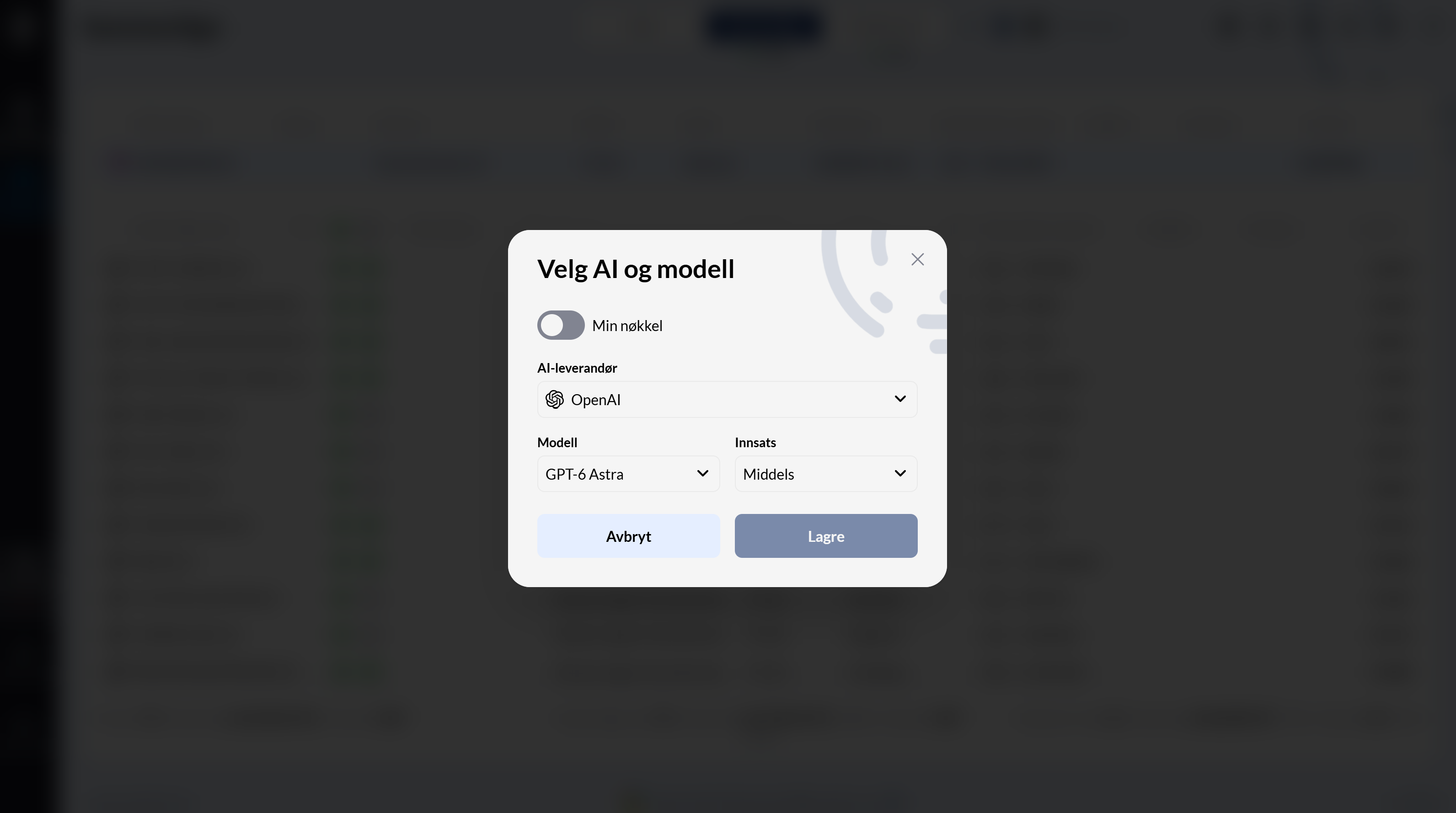 Vinduet Velg AI og modell i Empirion Performance med bryteren Min nøkkel og valg av AI-leverandør, modell og innsats