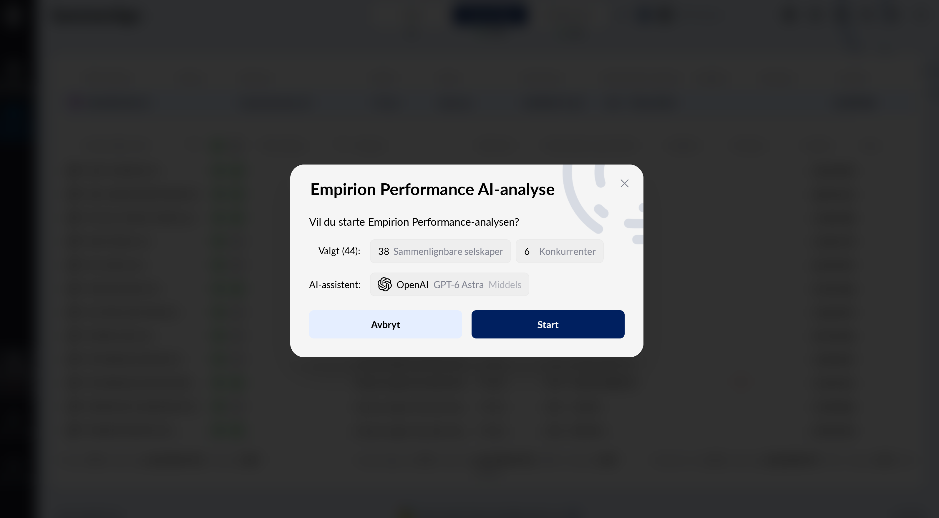 Vinduet Empirion Performance AI-analyse med antall valgte selskaper, KI-modell og Start-knappen