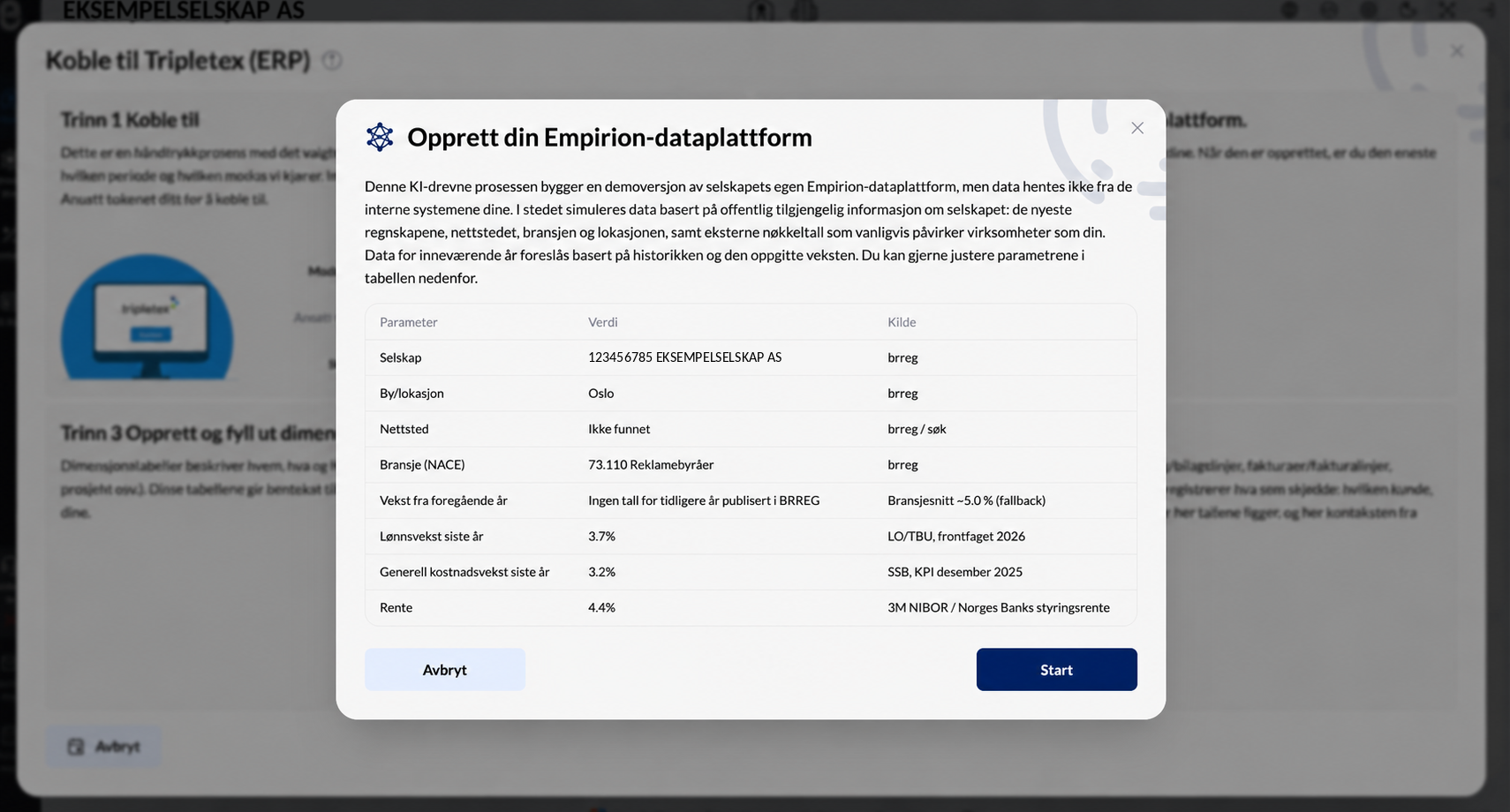 Vinduet Opprett din Empirion-dataplattform, med tabellen over selskapsopplysningene som demodataene bygger på