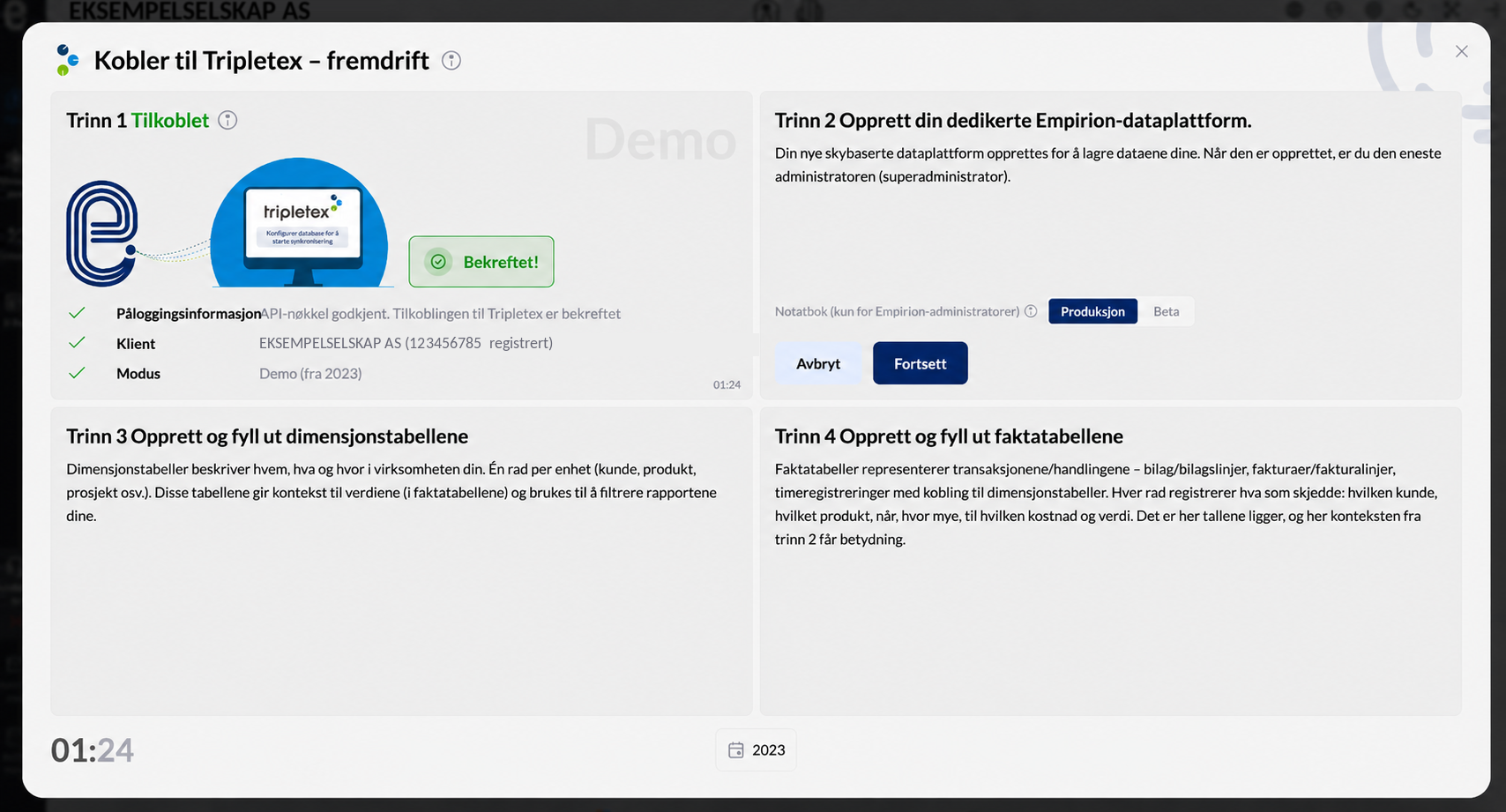 Vinduet Opprett din Empirion-dataplattform, med tabellen over selskapsopplysningene som demodataene bygger på